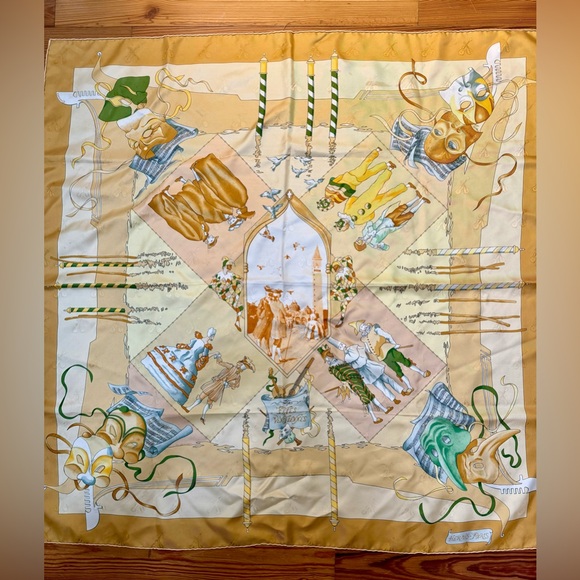 HERMES Vintage Rare Luxury Mandolin Jacquard Silk 90 Scarf “Le Carnaval Venise” - Picture 2 of 16